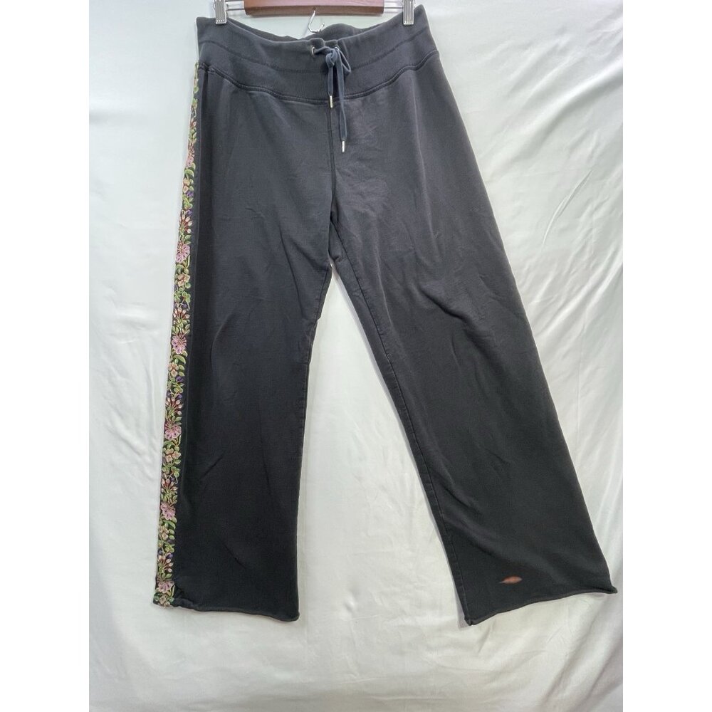 Y2K Lucky Brand Sweat Pants Black Side Leg Floral Embroidered Wide Leg Sz L/Read